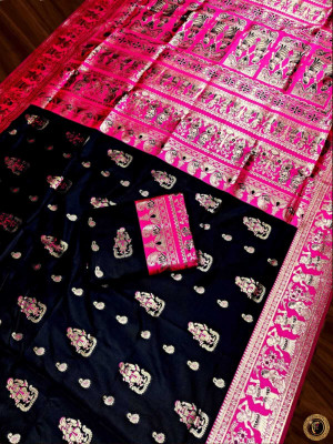 SONGITASAREE Woven Baluchari Silk Blend Saree(Black)