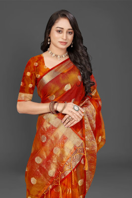 Aarunika IC Solid/Plain Bollywood Organza Saree(Mustard, Red)