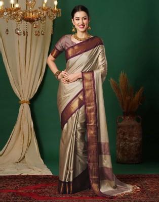 AWESOME Embellished Kanjivaram Silk Blend, Jacquard Saree(Beige)