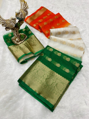 Bansari Textiles Temple Border, Printed Banarasi Jacquard, Organza Saree(Multicolor)
