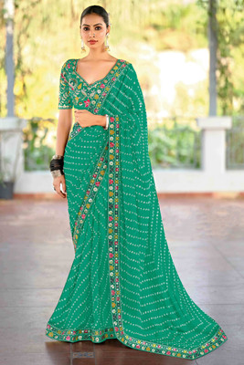 Peachmode Printed Bollywood Georgette Saree(Light Green)