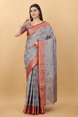 SWORNOF Woven Patola Pure Cotton Saree(Grey)