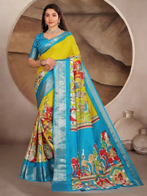 SARETRA MALL Woven Kalamkari Art Silk, Silk Blend Saree(Yellow, Light Blue)
