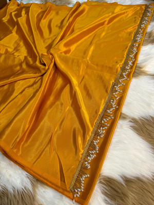 Banaras silk palace Solid/Plain Bollywood Satin Saree(Mustard)