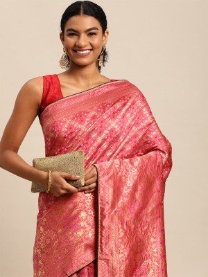 Leeza Store Woven, Embellished Banarasi Cotton Silk, Silk Blend Saree(Pink)