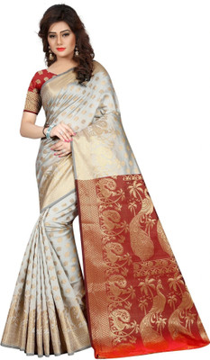 Hinayat Fashion Self Design, Printed, Embroidered, Embellished, Woven Banarasi Cotton Silk, Silk Blend Saree(White)