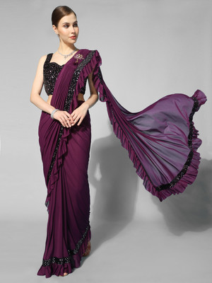 3Buddy Fashion Solid/Plain Bollywood Silk Blend Saree(Purple)