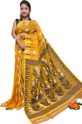 basak creation Woven Jamdani Cotton Blend Saree(Mustard)