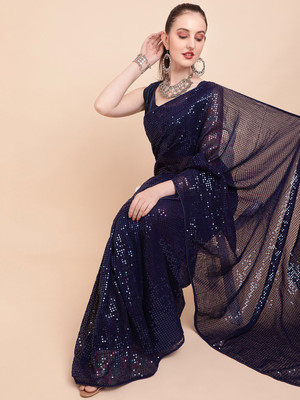 Bluebirdimpex Embroidered Bollywood Georgette Saree(Blue)