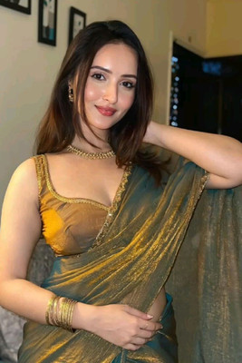 KanjiQueen Solid/Plain Bollywood Tissue, Jimmy choo Saree(Mustard, Yellow)
