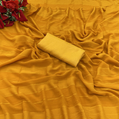 JiproStore Striped Bollywood Chiffon Saree(Yellow)