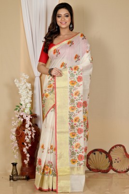 DipDiya Blocked Printed, Embellished, Self Design, Woven Handloom Cotton Blend Saree(White)