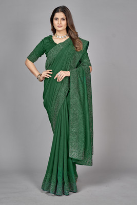 Adirotz Embellished Chanderi Pure Silk Saree(Green)