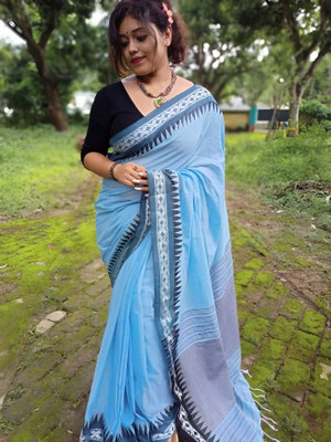 sdn Self Design Tant Pure Cotton Saree(Light Blue)