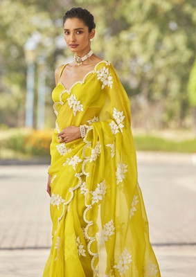 HouseOfCommon Embroidered Bollywood Jimmy choo Saree(Yellow)