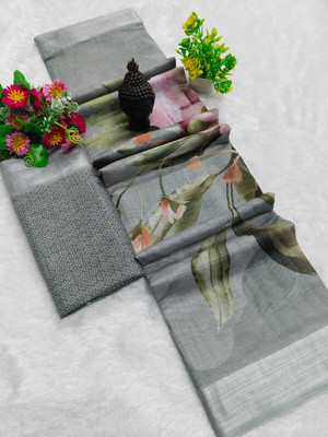 HouseOfCommon Printed Kanjivaram Pure Cotton, Cotton Linen Saree(Grey)