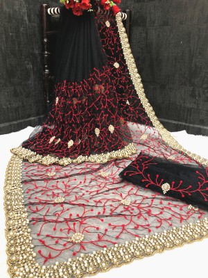 SSP TEX Embellished Bollywood Net Saree(Red, Black)