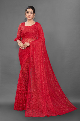 NORAFLEX Embroidered Bollywood Net Saree(Red)