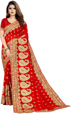 b bella creation Self Design, Embroidered Bollywood Georgette Saree(Red, Gold)