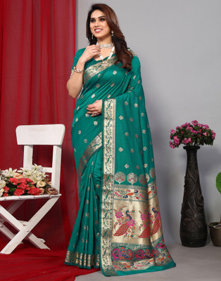 Samah Woven, Embellished, Self Design Paithani Silk Blend, Jacquard Saree(Green, Gold, Multicolor)