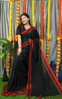 BongAp Self Design Handloom Cotton Blend Saree(Black)
