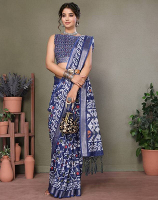 Soor Panchi Digital Print Leheria Cotton Linen Saree(Blue)
