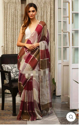 AMIT STORE Blocked Printed Handloom Cotton Linen Saree(White, Multicolor)
