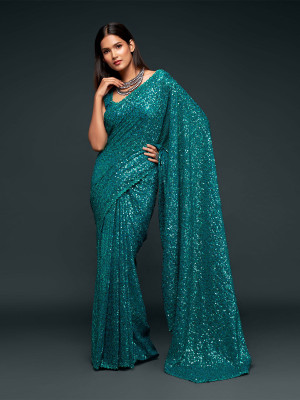 odette Embellished Saree with Attached Blouse Georgette Saree(Blue)