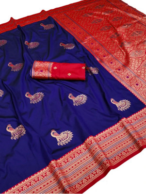 aarafashion Woven Banarasi Silk Blend Saree(Blue, Red)