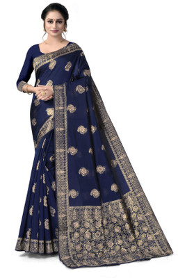 Dhruti Creation Self Design Kanjivaram Silk Blend Saree(Dark Blue)