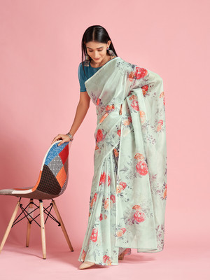 Divastri Digital Print Bollywood Organza Saree(Light Blue)