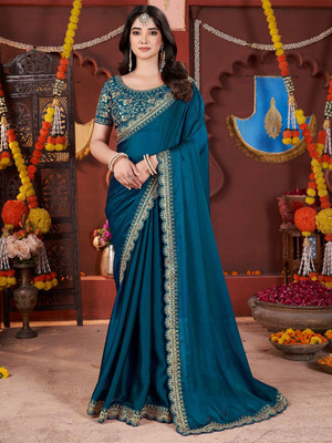 Adhita Enterprise Embroidered, Woven Bollywood Silk Blend Saree(Blue)