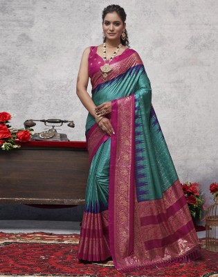 Divastri Printed Bollywood Silk Blend Saree(Blue, Magenta, Gold)