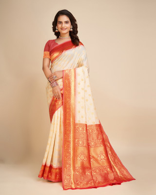 Anjaneya Sarees Self Design Banarasi Silk Blend Saree(Cream)