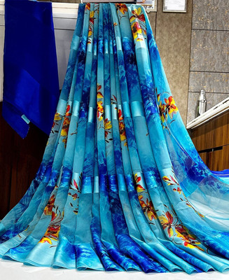 Bombey Velvat Fab Printed, Solid/Plain Kasavu Mulmul, Chiffon Saree(Blue)