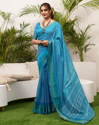 SIRIL Geometric Print, Striped Daily Wear Cotton Blend Saree(Blue, White)