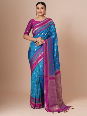 Sareemall Woven Paithani Silk Blend Saree(Blue)