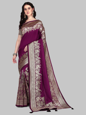 Valley Printed Banarasi Silk Blend Saree(Purple)