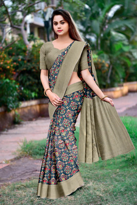 DHARMRAJ ENTERPRISE Color Block Kalamkari Tussar Silk Saree(Grey)