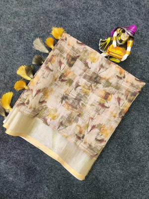 J6 Designers Printed Bollywood Linen Saree(Yellow)