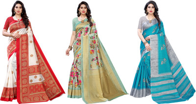 ANIRAV Printed Kasavu Art Silk Saree(Pack of 3, Red, Light Green, Grey, Blue)