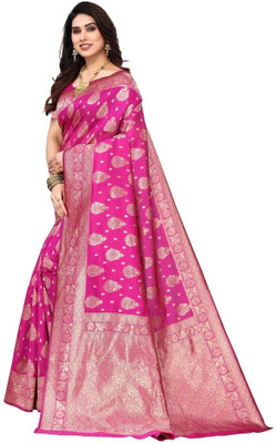 SHRIMAY Woven Kanjivaram Silk Blend Saree(Pink)