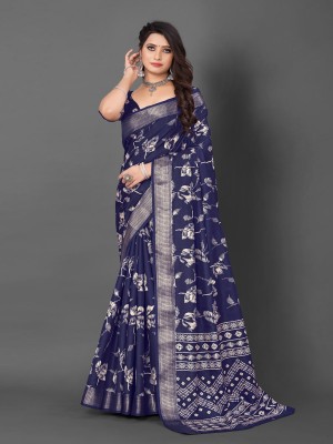 Divastri Printed Bollywood Silk Blend Saree(Dark Blue)