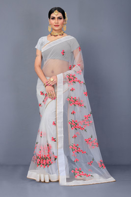 RITYANUSAR Embroidered Bollywood Net Saree(White)