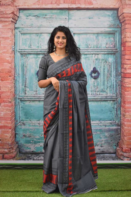 Printed Cotton Mulmul Saree Printed Daily Wear Pure Cotton Saree(Grey, Orange)