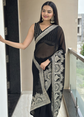 Leelavati Embroidered, Embellished Bollywood Georgette Saree(Black)