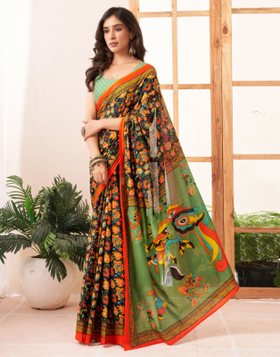 all about you Printed Kalamkari Pure Cotton Saree(Black, Orange, Multicolor)