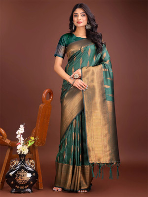 ASTITA Self Design Saree with Attached Blouse Silk Blend Saree(Green)