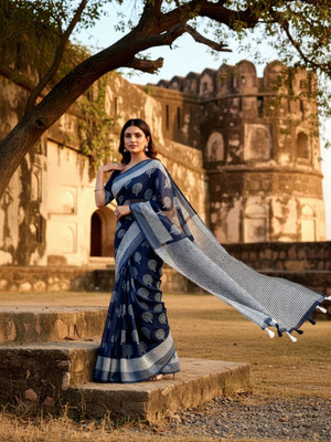 rujave Printed, Floral Print, Paisley Bollywood Linen Saree(Blue)