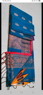BiswasTextiles Self Design Banarasi Cotton Linen Saree(Light Blue)
